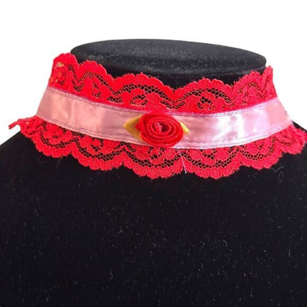 Red Lace Ribbon Choker Necklace Handmade Anna Konya Vintage Ren Faire Lolita 90s